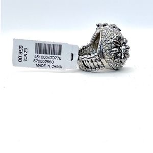 NWT WHBM Metalworks Silver Tone Floral Beaded Cocktail Stretch Ring